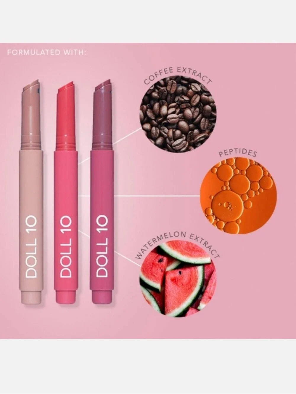 Doll 10 Lip Peptide Plump Lup Oil — Nude, Coral Pink, Mauve Pink